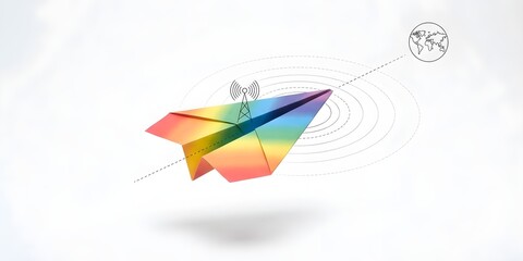 Unique 3D Rainbow-Colored Plane Captured in Studio as Symbol for Global Connections with Minimalist Global Map Radiating Signal Elements