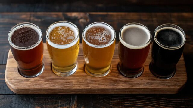 340Photorealistic top-down shot of five beers on a wooden tray, rich amber, golden, and deep brown tones, foam texture in sharp detail, warm inviting lighting, social and artisanal br
