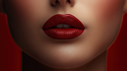 Obraz premium Close-Up of Beautiful Lips with Bold Red Lipstick Against a Smooth, Soft Background Showcasing Glamorous Beauty and Fashion Aesthetic