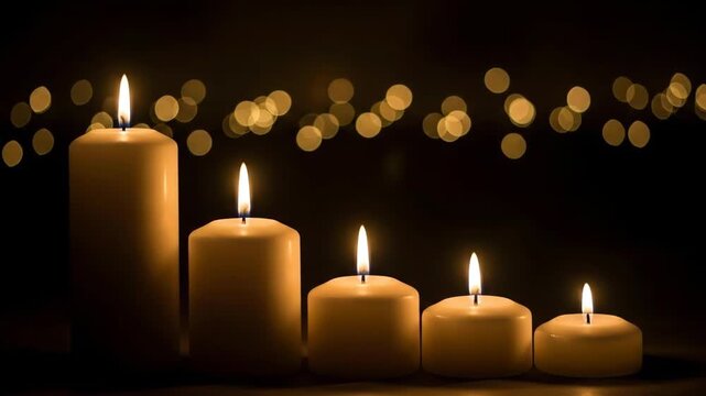 Five lit candles of varying heights on a dark background with bokeh lights