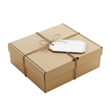 Brown cardboard box with tag isolated on transparent background
