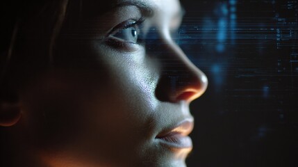 Fototapeta premium Caucasian woman profile lit by screen glow focused on code and data streams cybersecurity analyst posture reflective pixels on cheek moody neon tones hightech intimacy concentration curiosity