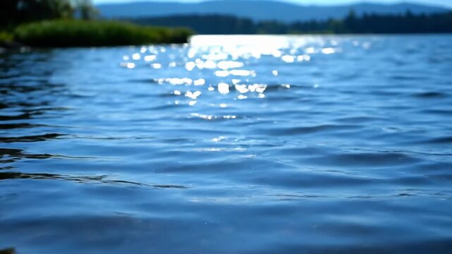 Gentle waves ripple across a serene lake surface. Sunlight sparkles on the blue water, creating a peaceful scene.