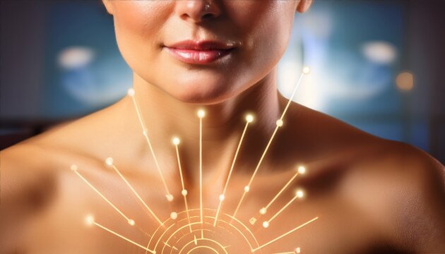 close up of acupuncture meridian chart next to patient with glowing skin crisp lines illuminated in bright wellness tones