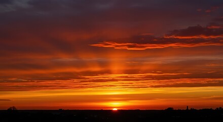 Obraz premium Fiery sky ablaze with intense, warm colors as the sun dips below the vast horizon, creating a truly breathtaking natural spectacle ,dramatic ,background ,landscape