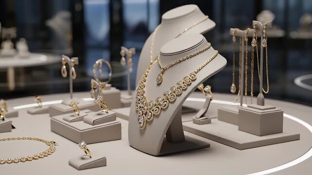 Elegant jewelry display showcasing gold necklaces earrings and rings in a luxurious retail setting