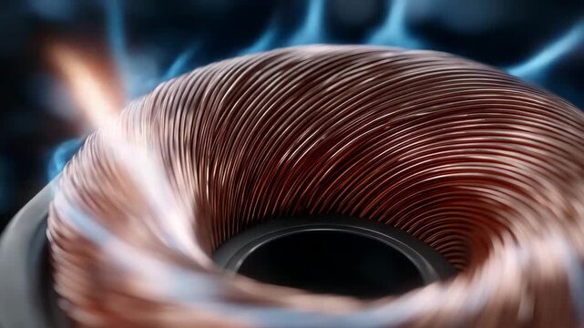 349Macro close-up of tightly wound copper coils inside an electric motor, glowing metallic surfaces, reflections emphasizing industrial precision, power generation concept