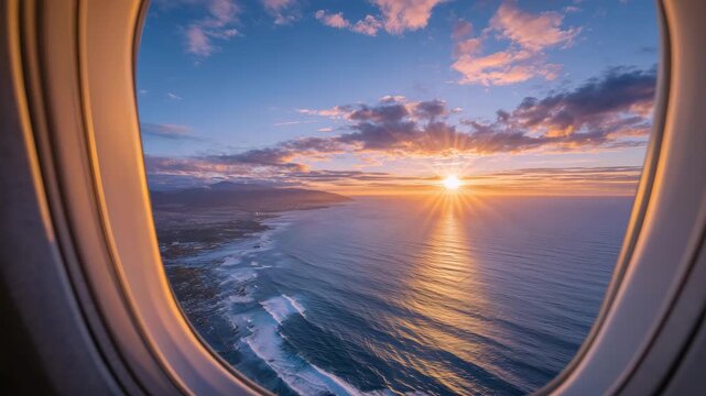 352Aerial perspective over ocean at sunset from airplane window, sun reflecting on gentle waves, clouds tinged with gold and rose, peaceful travel scene with inspiring composition