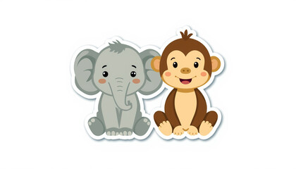 Obraz premium Adorable Duo: Playful illustration of a cheerful baby elephant and a delightful monkey, forming a heartwarming bond. This adorable scene embodies the essence of friendship and joy.