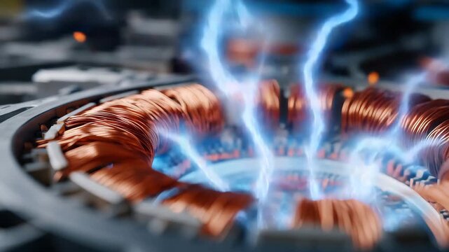 353Top-down view of electric motor interior, close-up on copper coils with vivid metallic orange glow, blurred edges for depth, energy and engineering theme