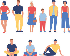 Obraz premium Flat vector illustration of diverse group of people standing and sitting together, casual clothing, minimal design, social concept, creative stock content for projects