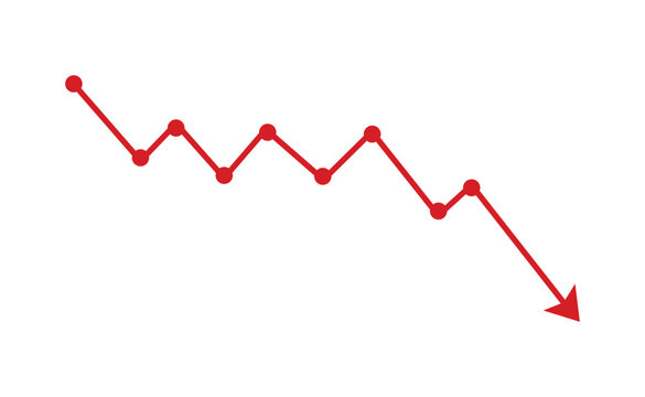 Red downward arrow line graph. Declining trend chart symbol. Financial loss analytics icon for business reports, economy and statistics design