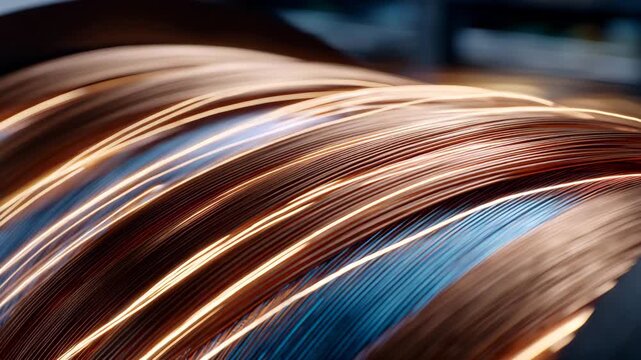 358Close-up of stator copper coil in electric motor, coiled wires with polished finish, industrial lighting accentuating texture, electric power system visualization