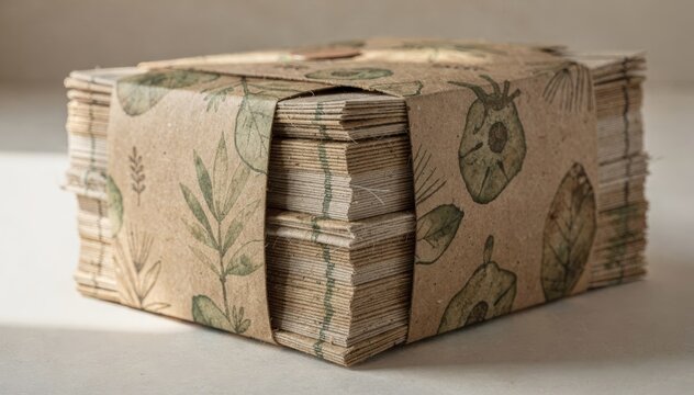 Medium shot of ecoprint packaging on paper reams showcasing sustainable materials and natural ink application for environmentally friendly retail packaging.