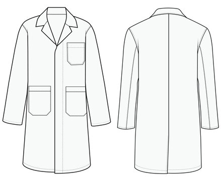 Men Long Lab Coat Front and Back View Technical Flat Vector Illustration