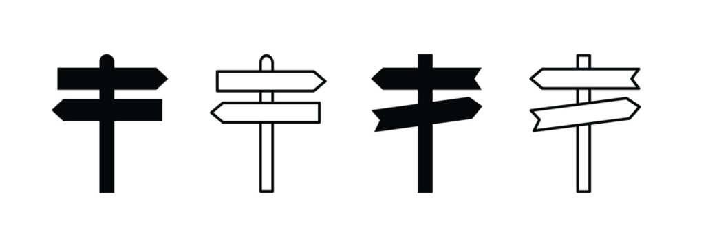 Directional signpost arrow icons set. Road navigation and wayfinding symbols. Travel direction signboards for guidance. Vector illustration