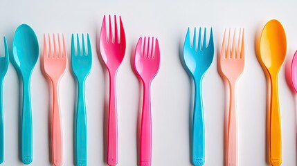 A Vibrant Collection of Colorful Plastic Utensils Including Forks and Spoons in Various Shades of Pink, Blue, and Peach Arranged Harmoniously on a Light Background