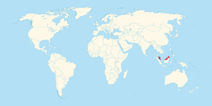 Professional world map illustration indicating the territorial location of Malaysia across the peninsula and borneo islands