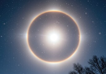 Obraz premium A brilliant atmospheric optical phenomenon, a sun halo visible through falling snow or high icy clouds on a cold winter day ,radiant ,ethereal ,winter weather