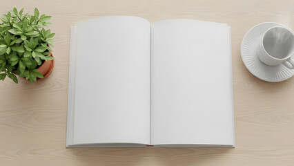 Open book spread mockup with plant and coffee cup on wooden surface