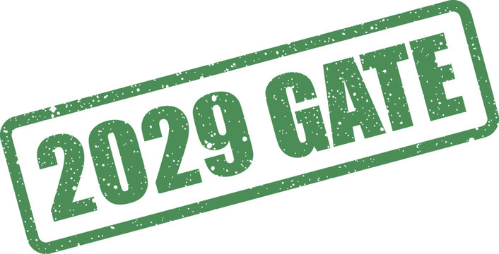 Distressed green rectangular rubber stamp marking the year 2029 with the important word GATE for future planning