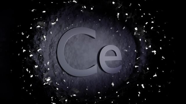 Abstract 3D animation of chemical element symbols carved in dark stone surface with floating particles. Minimal cinematic motion background inspired by periodic table elements, cerium,