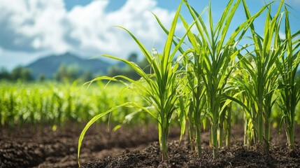 Obraz premium Lush Green Sugarcane Field Under Bright Blue Sky with Fluffy White Clouds and Rolling Mountains in the Background During Daylight
