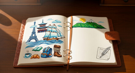 Open notebook featuring travel destination drawings like Eiffel Tower, mountain, ship. It represents planning, adventure, exploration, journey, and free space.