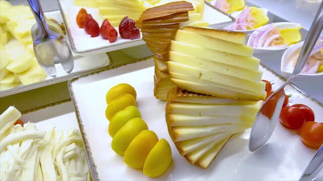 Buffet in a resort hotel restaurant. Cheese slices. Various types of cheese on trays lie on the serving table. Slow motion. Perfect for content about cooking and food preparation. 