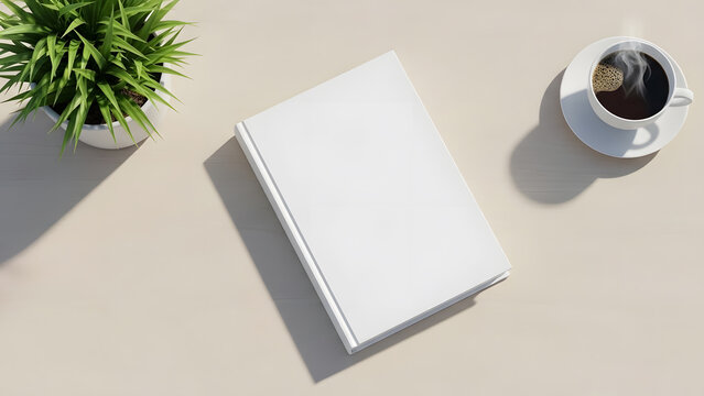 Perspective view blank book cover mockup on light beige surface with green plant and coffee saucer
