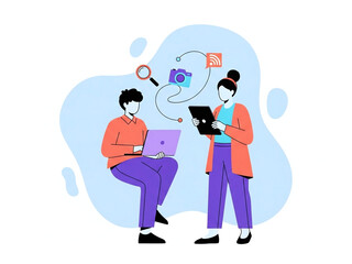 Obraz premium Two people working on laptops with social media and camera icons floating above them in a blue abstract shape