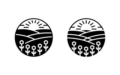 A pair of circular icons depicting a sunrise over a field of flowers
