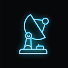 Bright blue neon satellite dish shining in the dark, perfect for projects related to technology, communication, and broadcasting