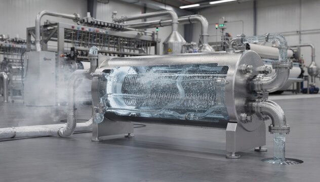 Medium shot of a condenser unit in a closedloop solvent recovery system showcasing vapor cooling and solvent condensation for efficient recycling in industrial lamination.
