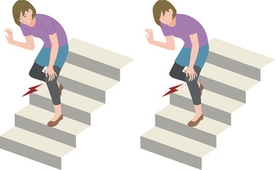 階段を降りる時、膝が痛むシニア女性のイラスト