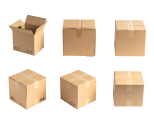 Fototapeta premium Six cardboard boxes, from open to closed, presented from various angles