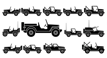 Collection of vintage military jeep silhouettes in various poses. © Solar