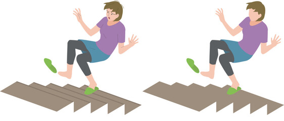 階段で滑って落下しそうなシニア女性イラスト