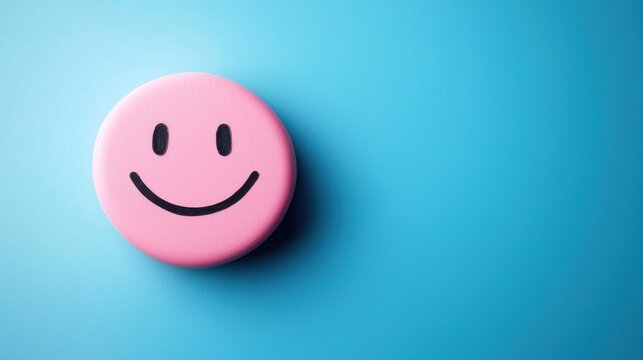 A pink smiley face on a blue background. The concept of positivity and happiness. The image emphasizes the cheerful and cheerful nature of the smiley face.