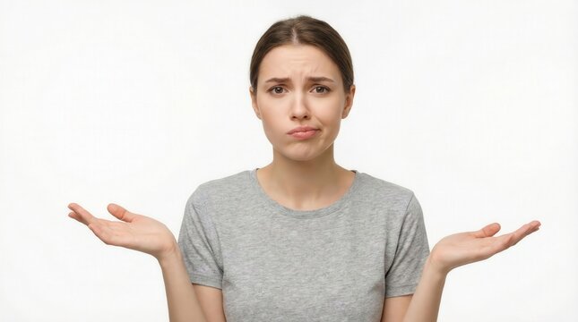 Young confused woman shrugging shoulders and pouting with palms up in a studio shot, isolated on white background with copy space for uncertainty and doubt concept.