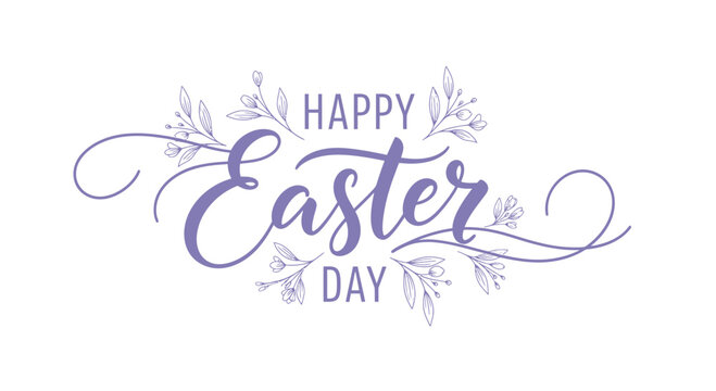 A happy easter day message with purple text and floral designs