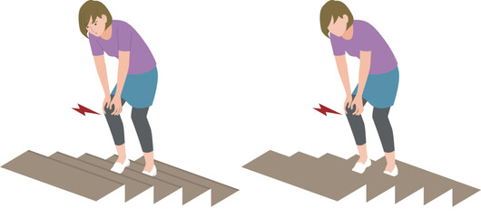 階段を昇る時、膝が痛むシニア女性のイラスト