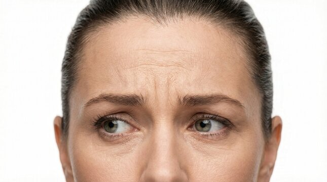 Middle aged woman frowning and squinting, showing deep forehead wrinkles and expression lines, isolated on white background with copy space for dermatology and aging concept.