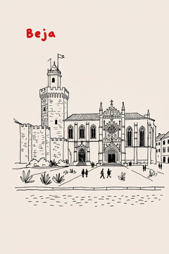 Beja, Portugal Pen Line Art Illustration of City Landmark and Travel Scene