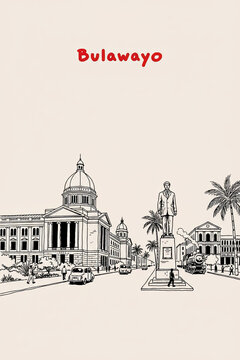 Bulawayo, Zimbabwe Pen Line Art Illustration of City Landmark and Travel Scene
