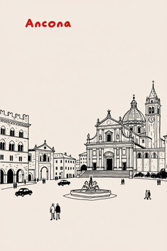 Ancona, Italy Pen Line Art Illustration of City Landmark and Travel Scene