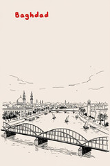 Fototapeta premium Baghdad, Iraq Pen Line Art Illustration of City Landmark and Travel Scene