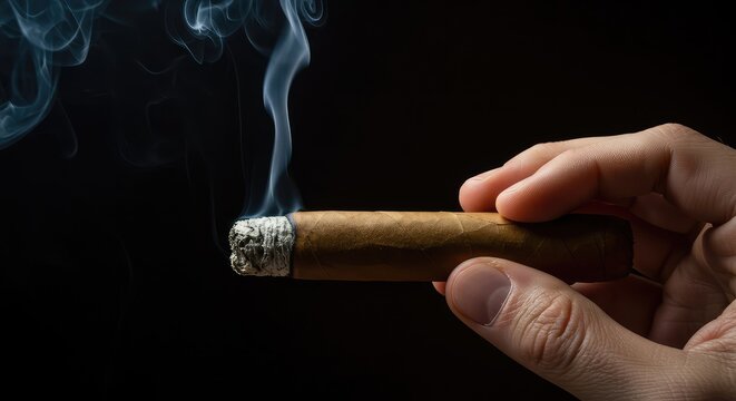 Close-up view of a thick, lit tobacco cigar being held. Wisps of white smoke curl upwards against a dark background, emphasizing relaxation ,ritual ,dark background ,cylindrical