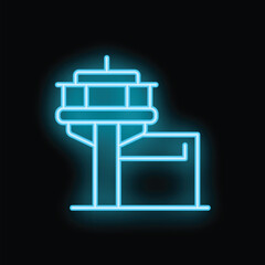 Obraz premium Blue glowing neon icon of airport control tower with antenna is shining on dark background