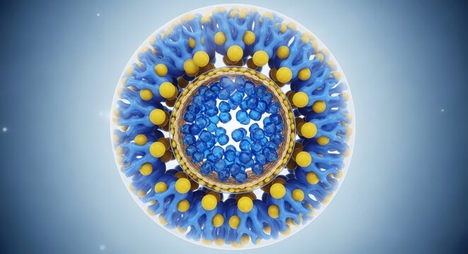 Core Composition Blue Core with Molecule Spheres in Light Blue Background.